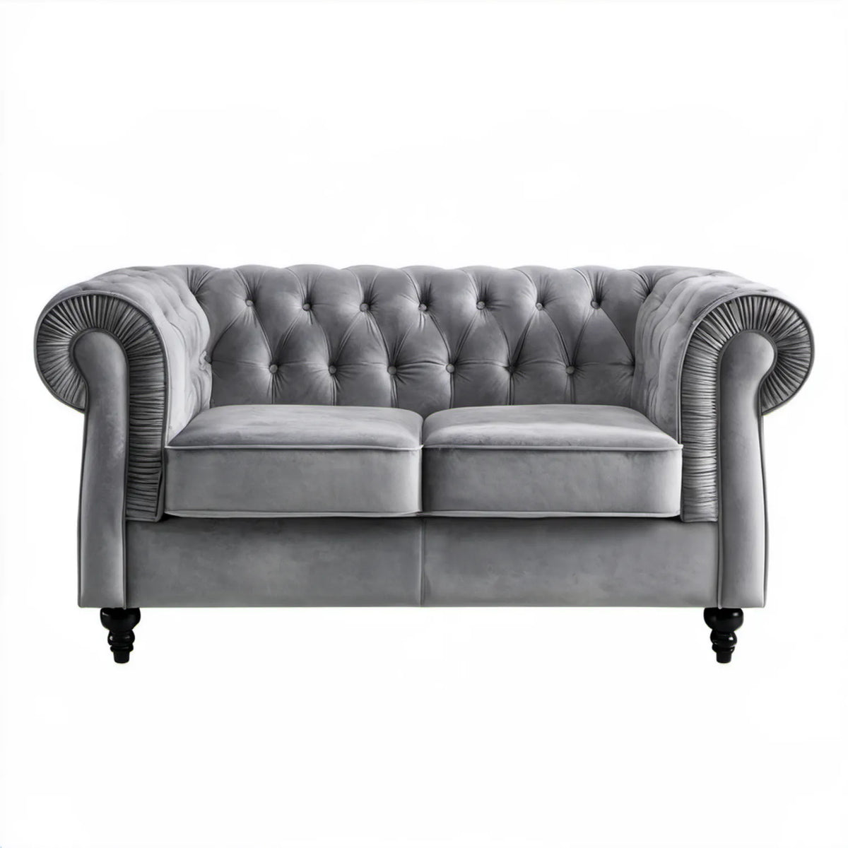Dwuosobowa sofa Chesterfield z aksamitu poliestrowego, szara/czarna, 170 x 90 x 78 cm