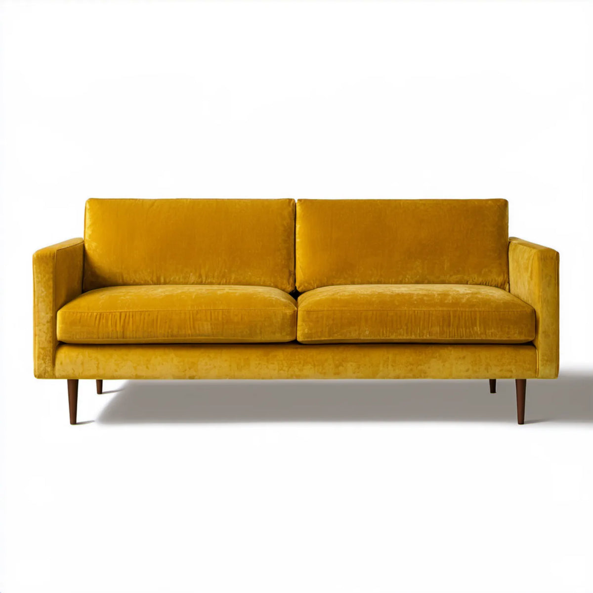 Musztardowa sofa 2-osobowa z brązowymi nogami, 180 x 85 x 85 cm