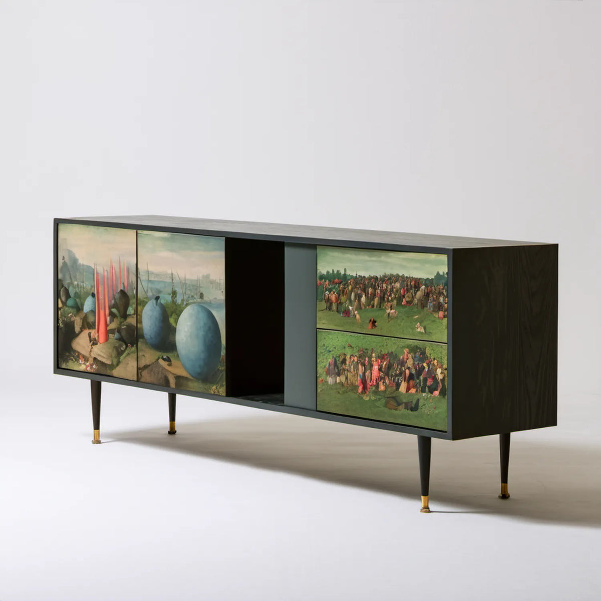 Czarna szafka RTV 180 x 45 x 85 cm z dekoracyjnym nadrukiem
