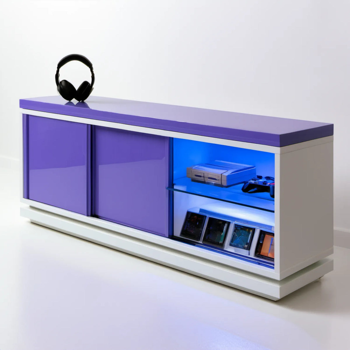 Biało-fioletowa szafka RTV z oświetleniem LED, 120 x 40 x 60 cm, MDF