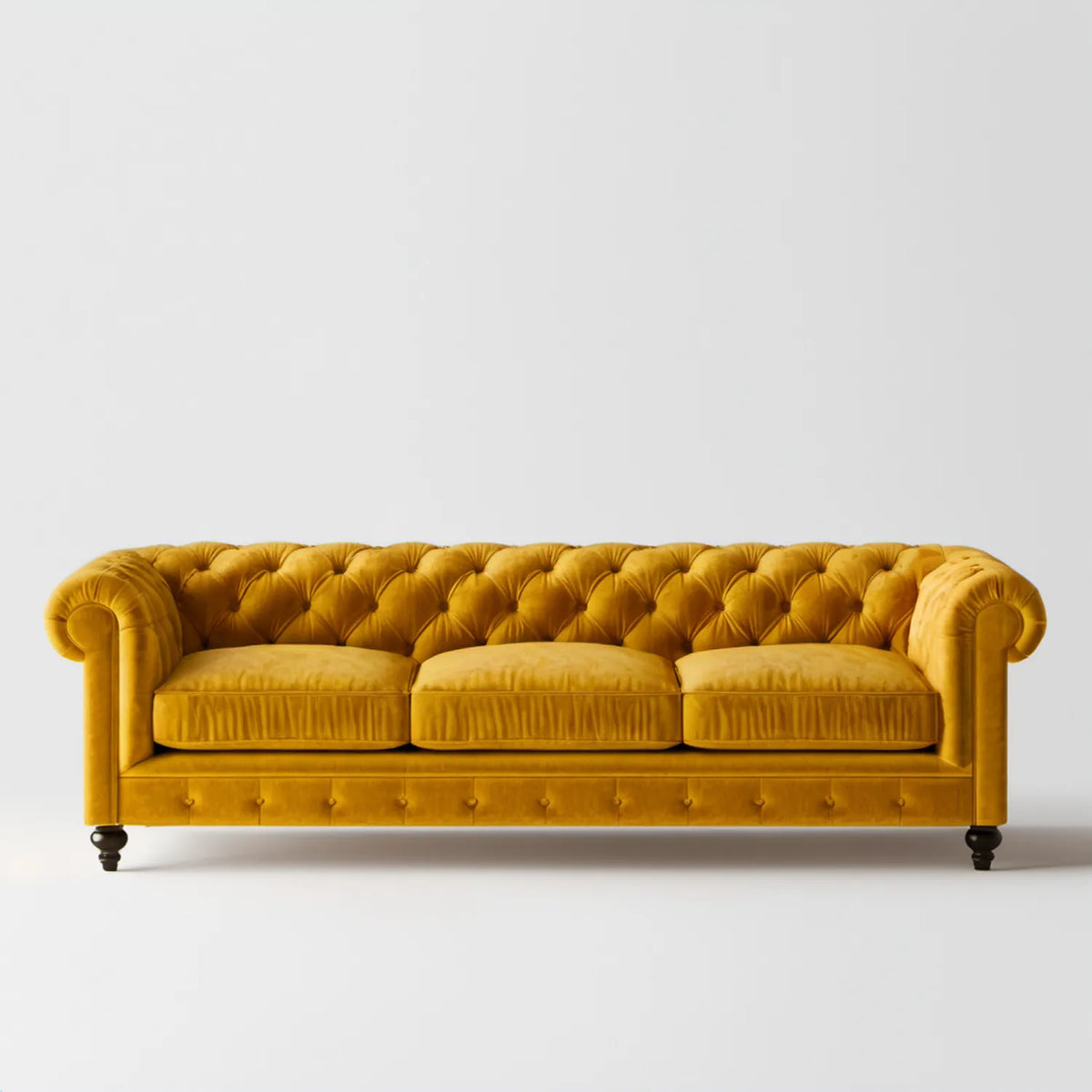 Trzyosobowa sofa Chesterfield z aksamitu poliestrowego, musztardowa/czarna, 220 × 90 × 75 cm