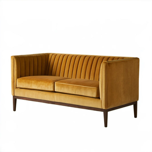 Dwuosobowa sofa musztardowa 150 x 85 x 82 cm z weluru poliestrowego i litego drewna