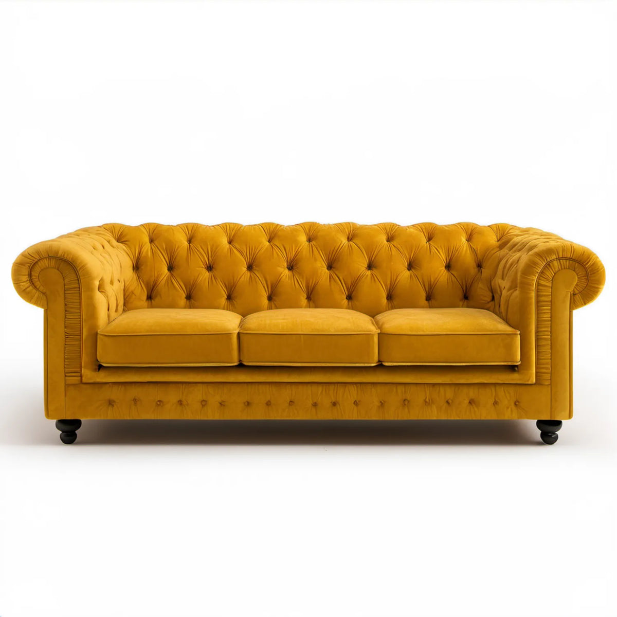 Sofa Chesterfield 3-osobowa musztardowa, aksamit poliestrowy, 225 x 90 x 78 cm