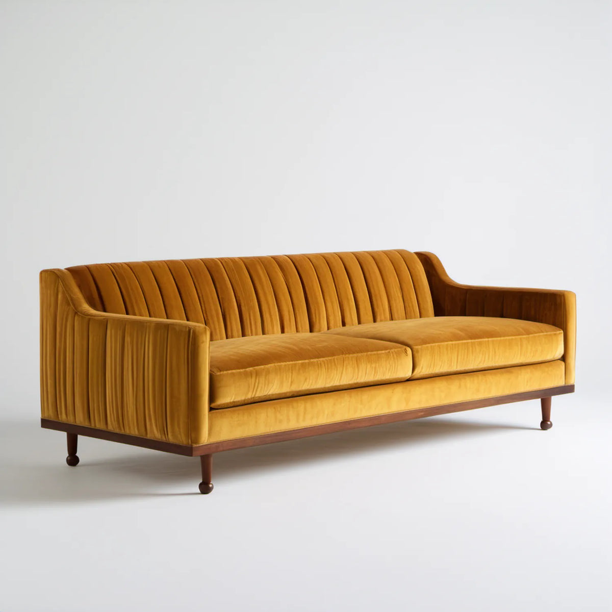 Trzyosobowa sofa z aksamitu musztardowa 220 x 90 x 82 cm z ciemnobrązowymi drewnianymi nogami