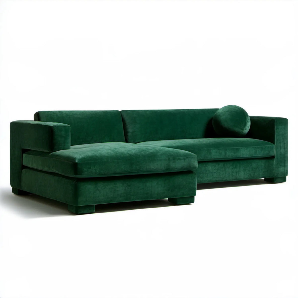 Ciemnozielona sofa narożna 3-osobowa z lewostronną leżanką, welur poliestrowy, 270 x 160 x 85 cm